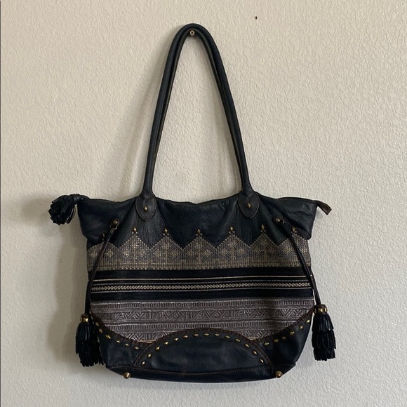 ISABELLA FIORE Studded Soft Thick Black Leather with Gold Silver Fabric Bag - Picture 1 of 14